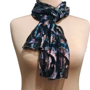 Vintage Metallic Sheer Scarf Black Multicolor Shimmer Swirl Y2K Glam Festival